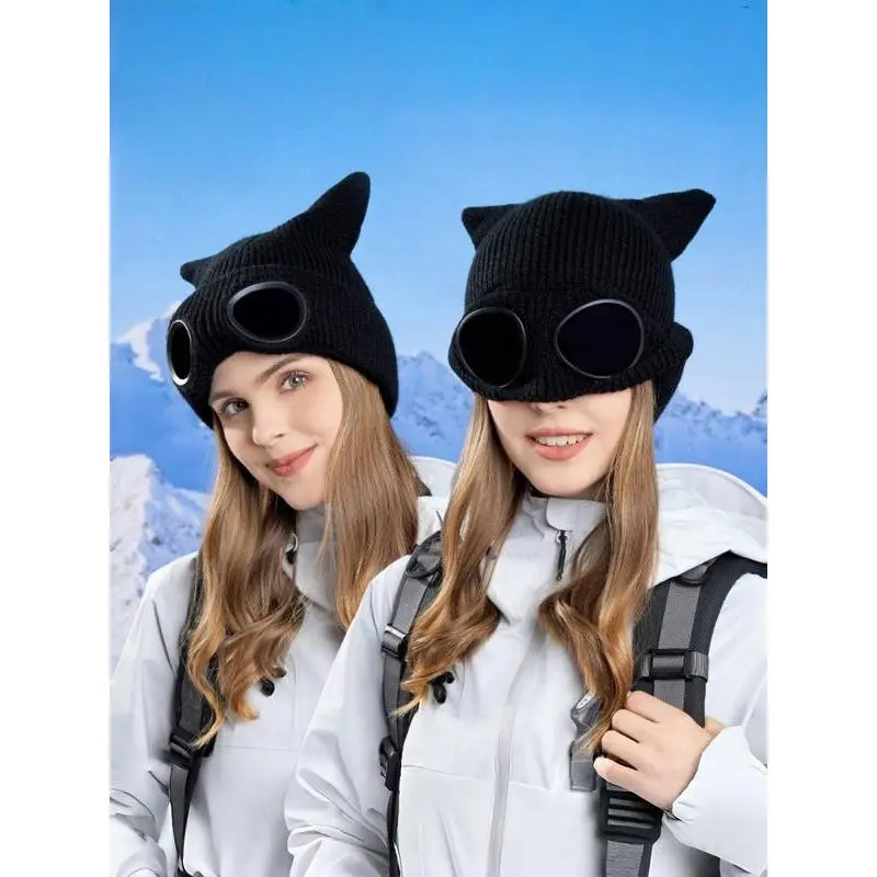 Women's Thermal Knit Cotton Windproof Fleece Beanie - Ear Coverage Hat, Unisex Outdoor Winter Sports Headwear for Skiing, Snowboarding, Warmth