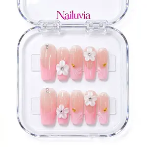 Nailuvia｜10PCS 100% Handmade Press-On Nails｜D168 1.3 Inch｜Reusable Colorful Art Acrylic Stylish｜Pink Ombre 3D Flower Press-On Nails