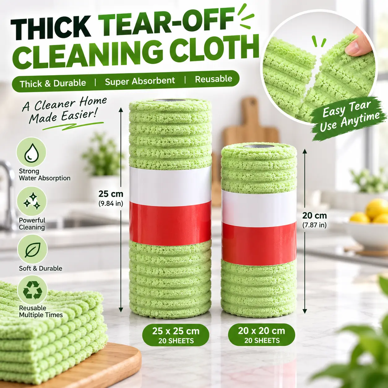 Everyday Multi-Surface Polyester Pre-Cut Tear-Off Thick Cleaning Cloth Roll (20 Reusable Super Absorbent Sheets, 20x20cm/25x25cm) - Wet & Dry Kitchen Towels for Dishes, Oil & Spill Cleaning