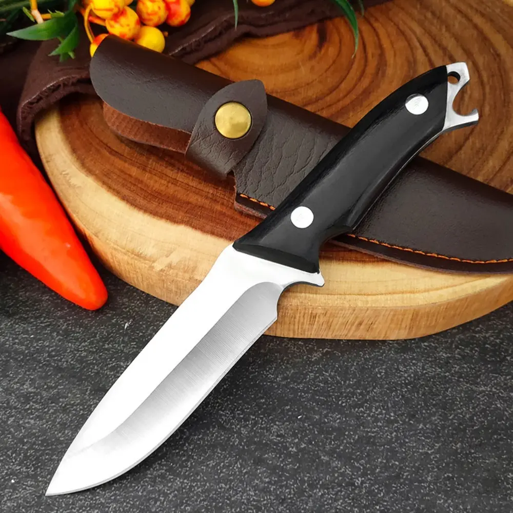 D2 steel fixed blade multi-purpose pocket knife, black sandalwood handle with leather sheath, outdoor camping cutting meat and peeling tool, includes bottle opener function