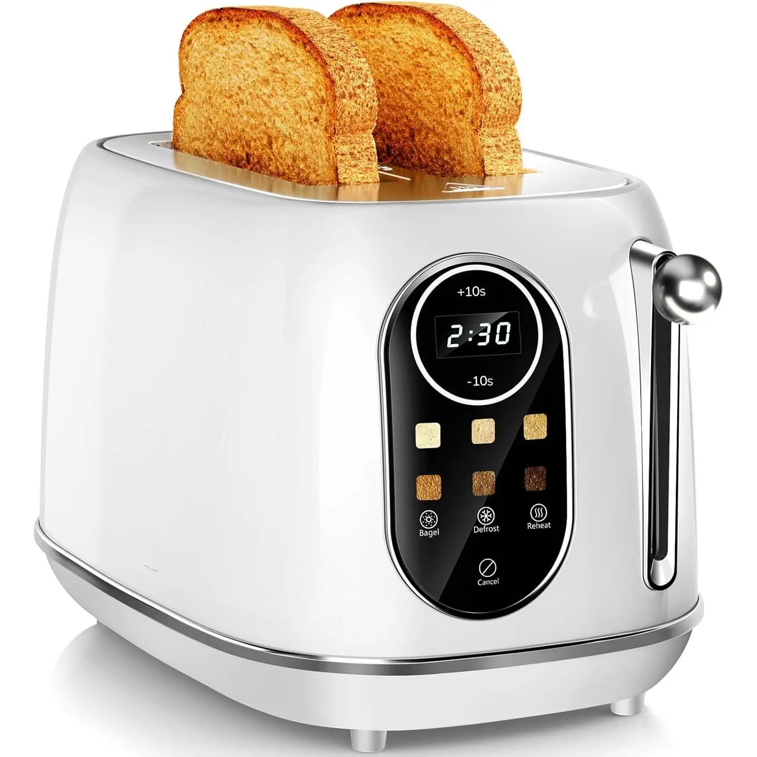 2 Slice Retro Wide Slot Stainless Steel Toaster - 1.5-Inch Extra Wide Slots, 6 Browning Levels, Reheat & Defrost, Removable Crumb Tray, White Kitchen Appliance with Manufacturer Warranty (for Bagel, Toast), 1.5-Inch Slots