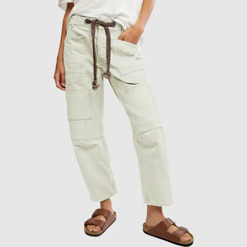 Flamingals Solid Patched Drawstring Mid Rise Barrel Leg Pants
