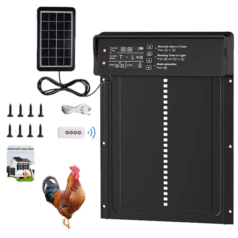 Porbi D3791 Solar Powered Automatic Chicken Coop Door, External Solar Panel + Ultrasonic Anti-Pinch Sensor, Heavy Duty Predator Proof Auto Poultry Door for Duck Goose, Black