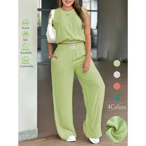 Two-Piece Set Women's Solid Color Linen Tank Top & Wide Leg Pants, Casual Fashion Cozy Breathable Outfits for Daily Outdoor Wear, Ladies Clothes, Trouser