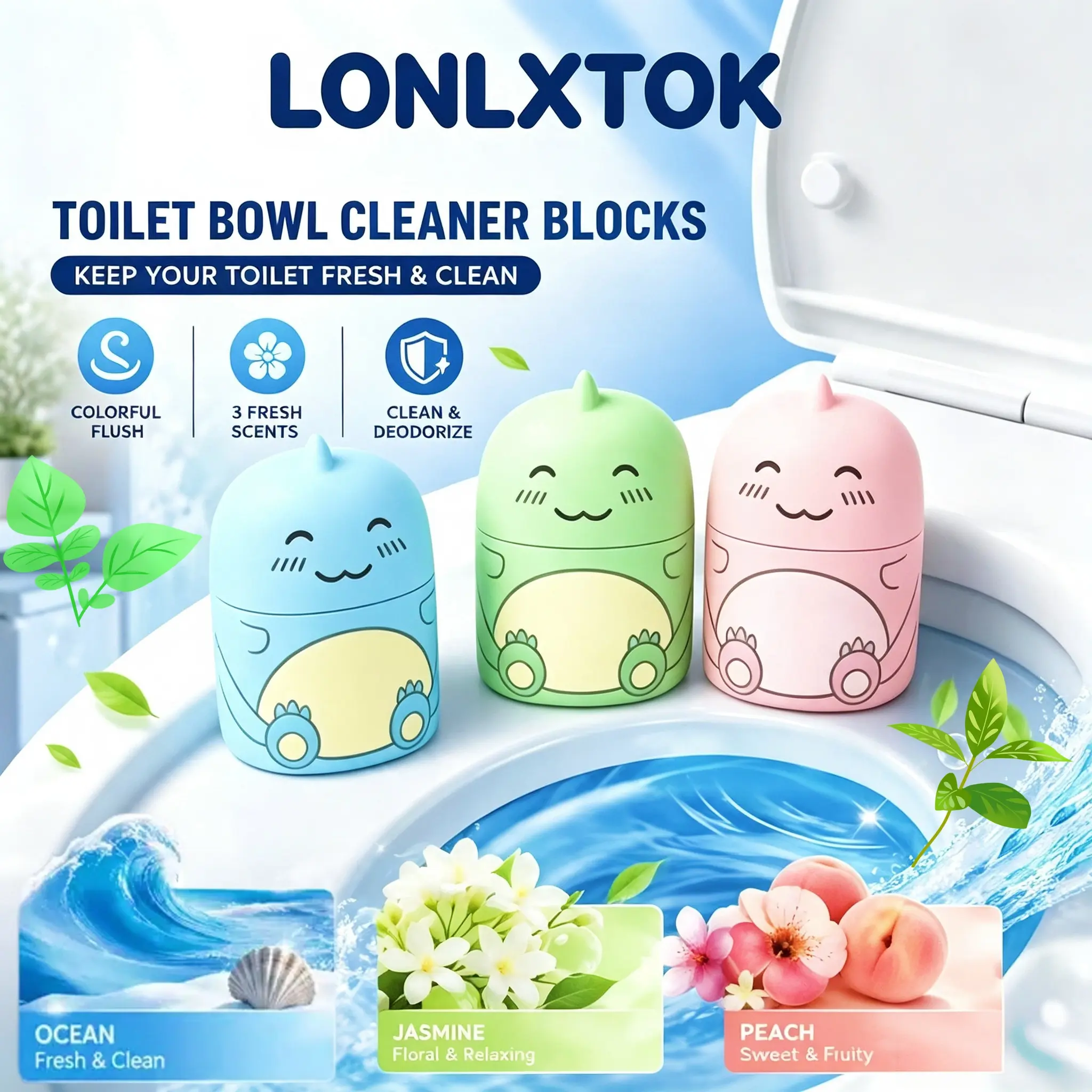 LONLXTOK 3PCS Scented Non-Toxic Deodorizing Freshener Household Toilet Bowl Cleaners - Cute Dinosaur-Shaped Bathroom Tank Cleaning Bottles with Ocean Jasmine, Peach, Strawberry Scents, 24-Month Long-Lasting Nature-Infused Home Care Supplies