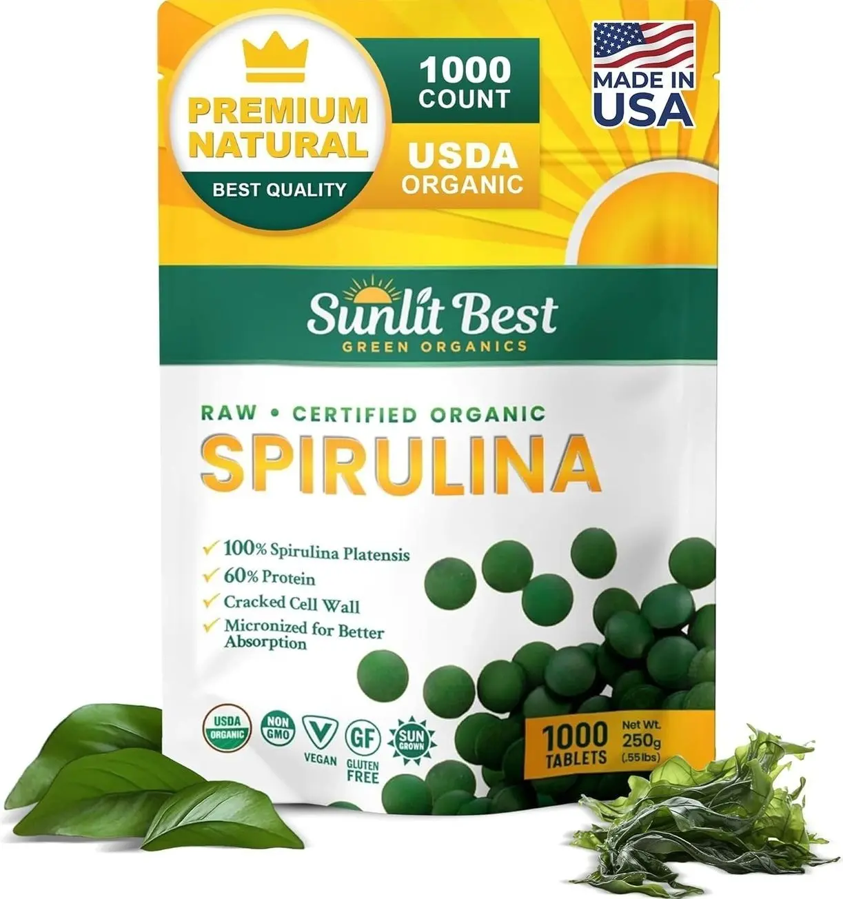 Sunlit Best - USDA Organic Spirulina Tablet - Natural Super Greens Supplements for Immune Support, Gut Health & Boost Energy Tablets with Chlorophyll, Vegan & High Protein Non GMO, 1000 Superfood Tabs