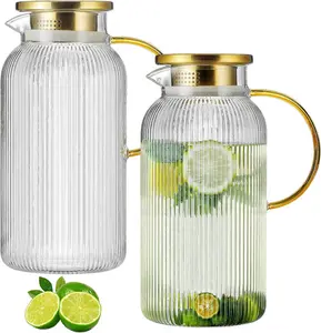 2 PACK Glass Pitcher with Lid 68 oz, Classic Vertical Stripes Pitcher with Lid and Handle, Water Jug for Hot/Cold Drinks, Borosilicate Glass Carafe for Coffee, Iced Sun Tea, Juice, Sangria