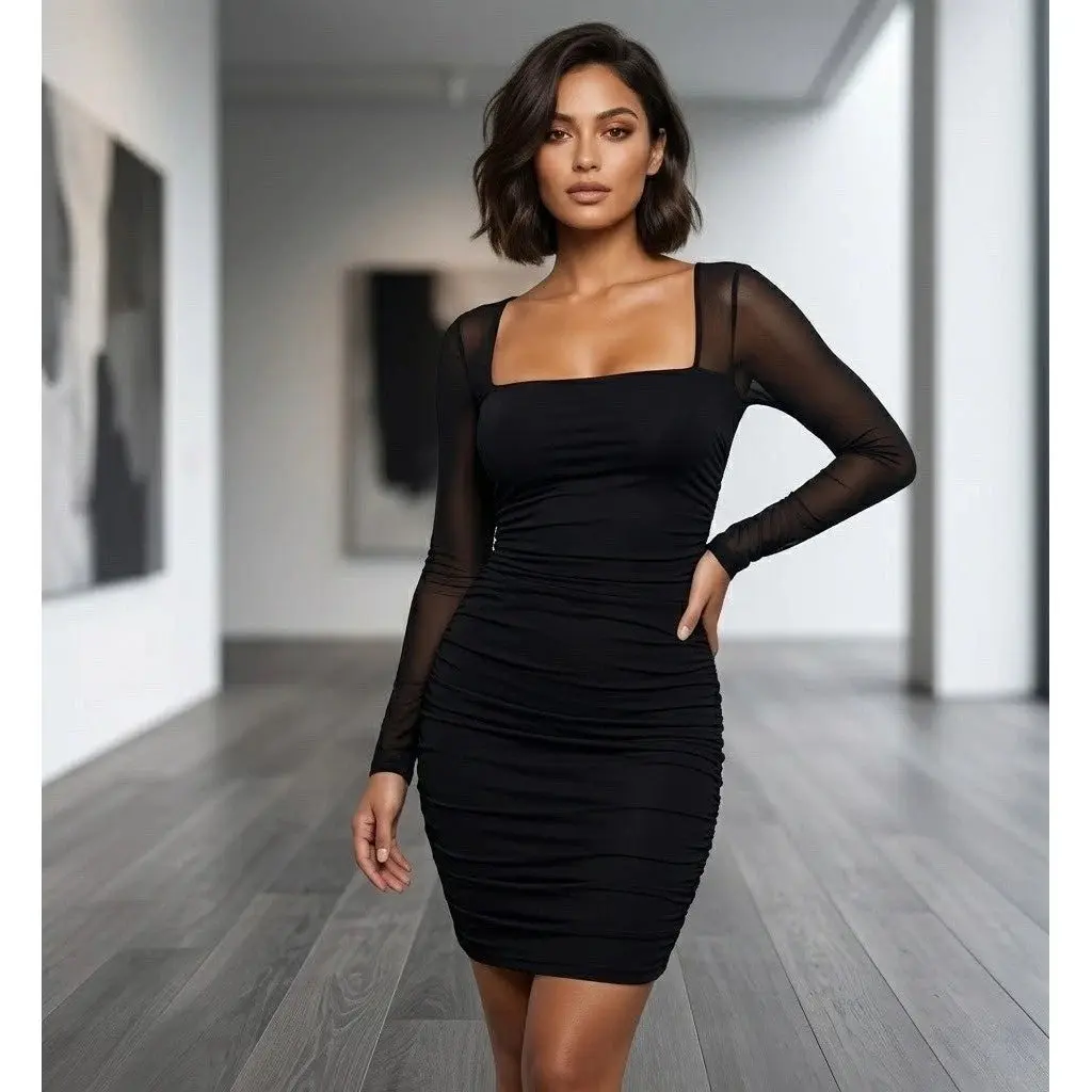 NWT Black Ruched Bodycon Mini Dress Sheer Mesh Long Sleeve Square Neck XS -  TikTok Shop