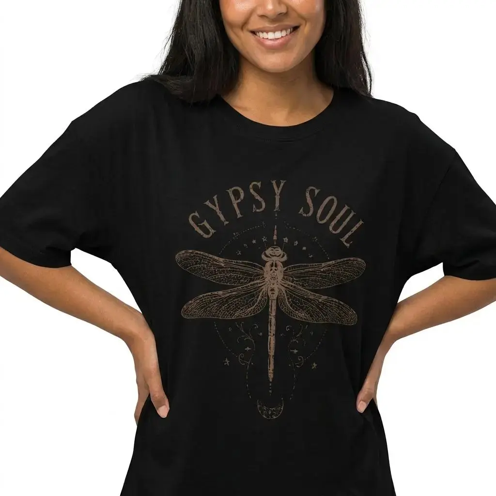 Women's Boho Vintage Dragonfly Print Oversize Short-Sleeve Tee - Soft Fabric, Crew Neck, Streetwear Style for Everyday Wear, Beach Holiday, Shortsleeve, Fit Casual Top