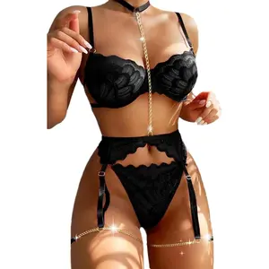 Sexy Choker Floral Lace Scallop Sheer Underwire Push Up Garter Belt Lingerie Set 3 PieceGift