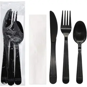 Party Essentials Individually Wrapped Heavy Duty Plastic Utensil Kits, 50 Sets For Party Catering, Fork/Spoon/Knife/Napkin, Black