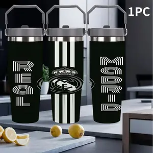 1pc 30oz Black & White Stripes, Madrid Faith Striped Stainless Steel Cup, Safety Lid & Anti-Spill Design, Dual Wall Vacuum Insulated Mug for Hot Cold Drinks Water Bottles