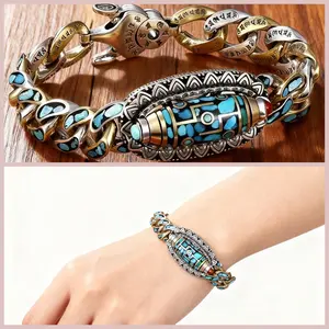 Men’s Turquoise Beaded Bracelet, Tibetan Style Meditation Bracelet with Nine-Eyed Dzi Bead & Mantra Charm, Adjustable Bead Chain for Daily Wear, Yoga, Mindfulness & Meaningful Gift