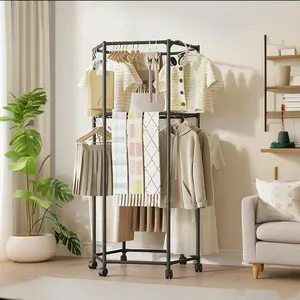 Two-Layer Hexagonal Standing Coat Rack with Wheels, Rotating Metal Tube Stand, Portable Design for Efficient Clothing Storage & Display, Organizer