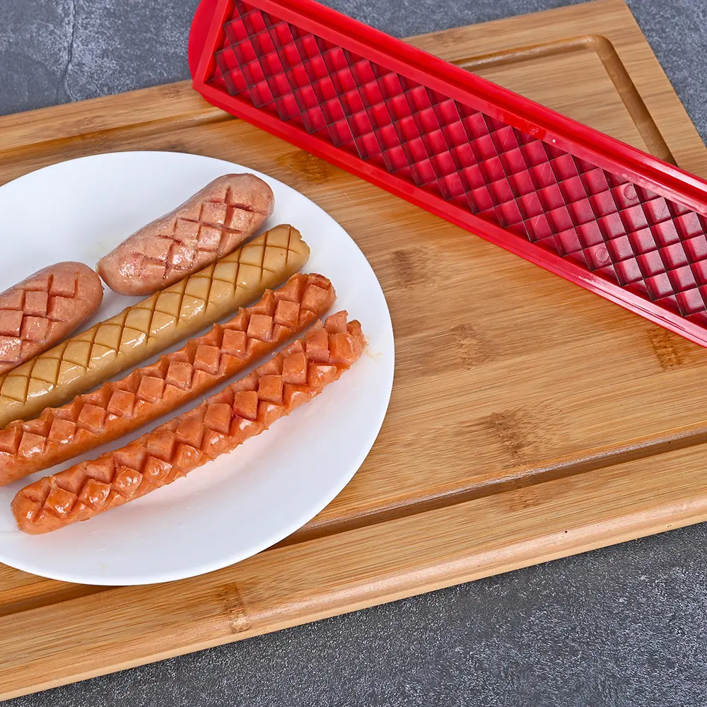 Hot Dog Slicer with Criss Cross Cut, Red Stainless Steel Blade & One-Touch Release, Compact Stylish Kitchen Tool, Dishwasher Safe Utensil for BBQ, Grilling, Picnics and Backyard Outdoor Cooking