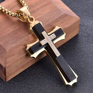 Three-Layer Cross Pendant with Zircon and 6MM Byzantine Chain, Classic Vintage Men's Cross Pendant Necklacewith Zirconia Embedding Stainless Steel EverydayParty Fashion Jewellery Accessory for Unisex Gift Sterling Silver