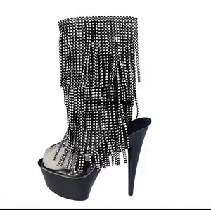 Midnight Sparkle Rhinestone Fringe Platform Boots