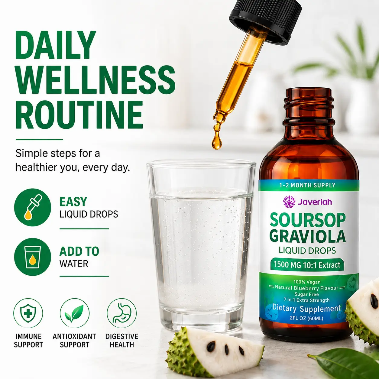 Javeriah Soursop Liquid Drops for Daily Wellness Routine, Tropical Fruit Extract Supplement, Easy Liquid Dropper Formula, Convenient Drops to Add to Water, Natural Herbal Supplement, 60ml