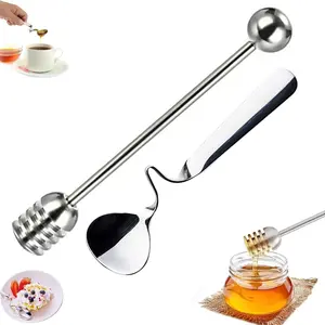 Stainless Steel Honey Spoons and Dipper 2PCS Stirrer Server Spiral Sugar Spoon Iced Tea Spoon Coffee Spoons