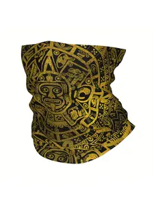 Golden Aztec Inca Mayan Calendar Mask & Scarf Neckerchief - Aztec Inca Mayan Cultural Face Covering, Stylish Masks Print, Polyester Multifunctional Headwear Suitable for Themed Costumes, Historical Events, Daily Wear, Authentic