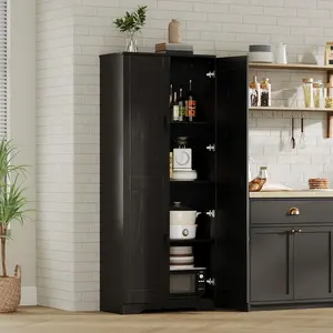 Adjustable Shelf Storage Cabinet 60" Tall Black, 2-Door Pantry with Shelves for Kitchen Organization, Bathroom Storage, Living Room