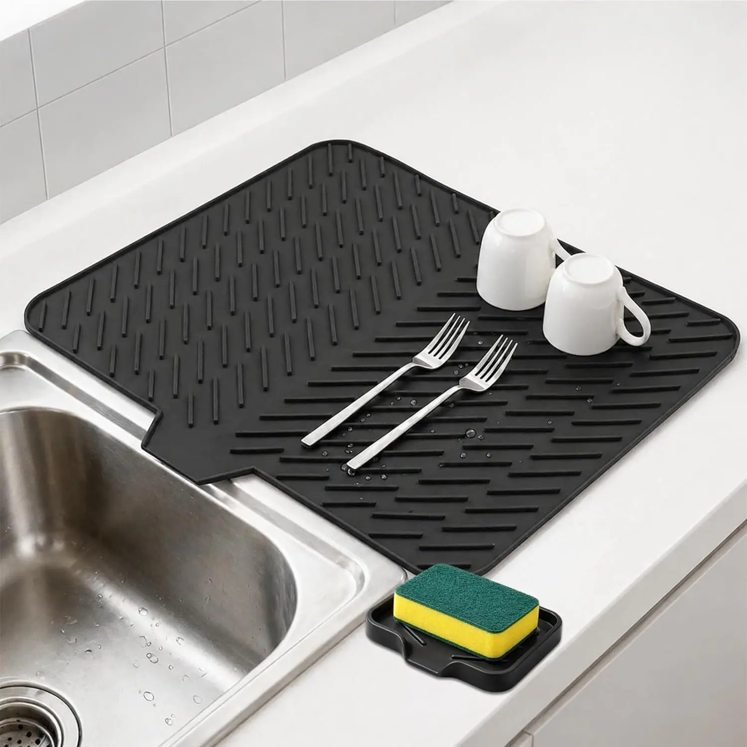 Rectangular Silicone Tableware Dish Drying Mat with Built-in Drain Lip - Compact, 23x17 in, Diagonal Ridges, Hygienic Drying Pad, Sturdy Easy-to-Clean Tray - Surface Protection, Water Build-Up Prevention for Home Use (Black)