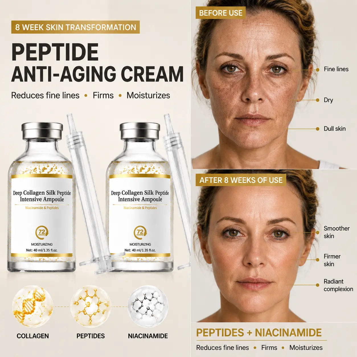 2pcs Women's Deep Collagen Silk Peptide Face Serum with Niacinamide & Moisturizer - Hydrating, Firming Skincare Ampoule for Dry, Dull Skin Daily Use, Hydrate
