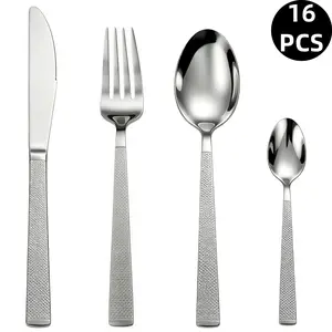 16-Piece Stainless Steel Cutlery Set, Textured Relief, Mirror Polished Forks Spoons, Dishwasher Safe, Wedding Festival Gift, Daily Use