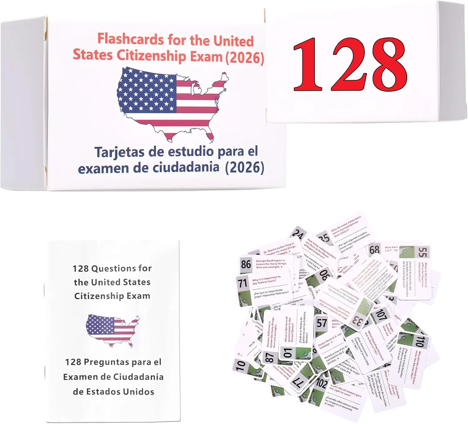 US Citizenship Flash Cards 2026, 128 Official USCIS Civics Questions and Answers Bilingual English-Spanish,Accurate Content,Ideal for Commute Study, Home Self-Learning and Group Practice