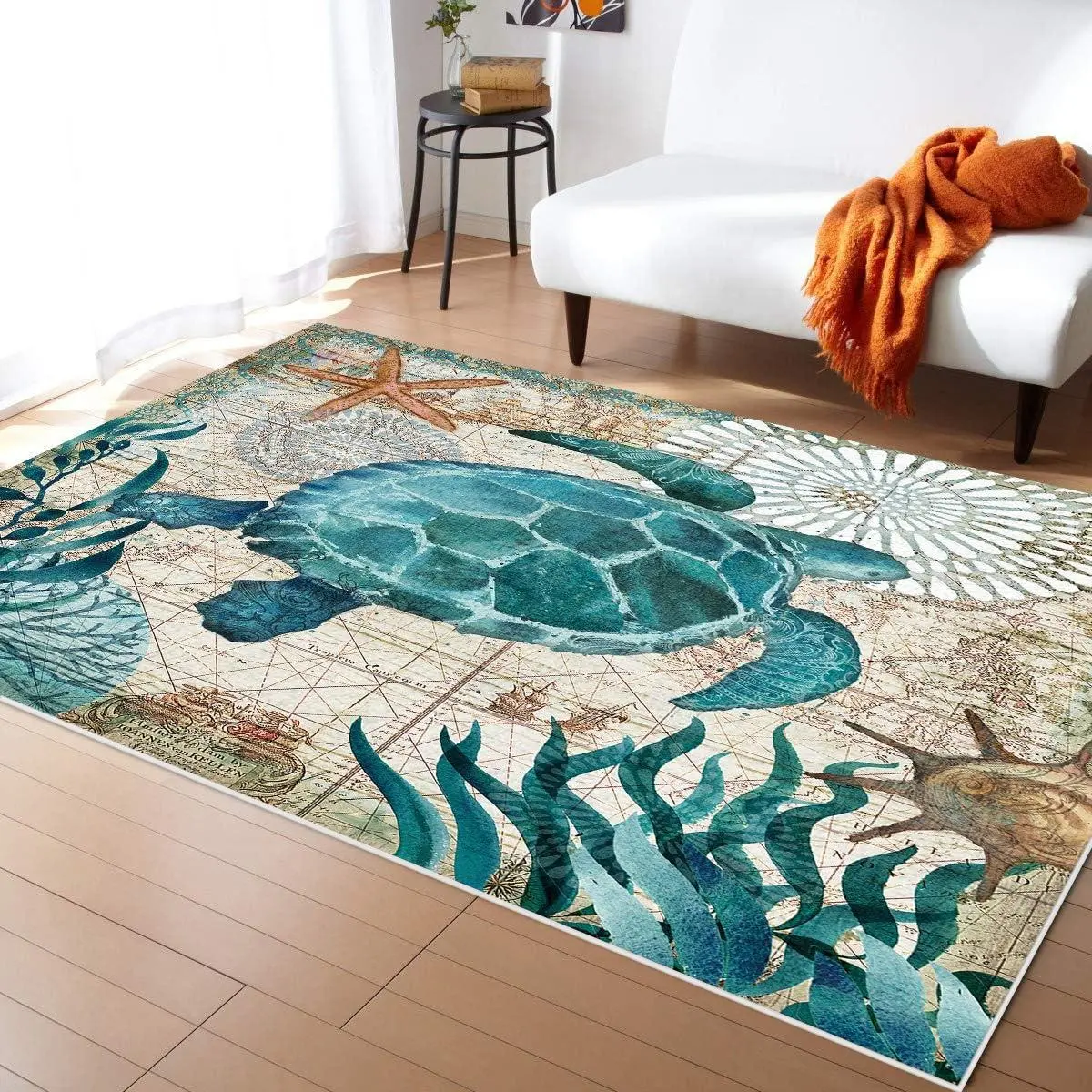 Sea Turtle Ocean Animal Carpet, Non-Slip Living Room Rug, Ocean Rug Flora, Soft Area Rug Low Pile Design, Protects Marine Environment Home Decor, Suitable for Living Room Bedroom Study, Home Decorative Rugs