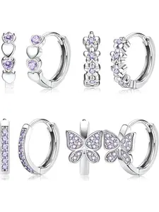 4 Pairs 925 Sterling Silver Pin Small Hoop Earrings Set, Hypoallergenic Butterfly Heart Flowers Cz, Sleeping Cartilage Earrings for Women Girls Children, Heart Shape Earrings