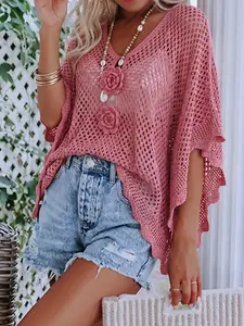 Elegant Women's Spring Summer Fashion Casual Home Weekend Holiday Beach Vacation Basic Simple Loose Solid Color Knit Hollow Out Floral Drop Shoulder Sleeve Half Sleeve V Neck Pullover T-Shirt Top