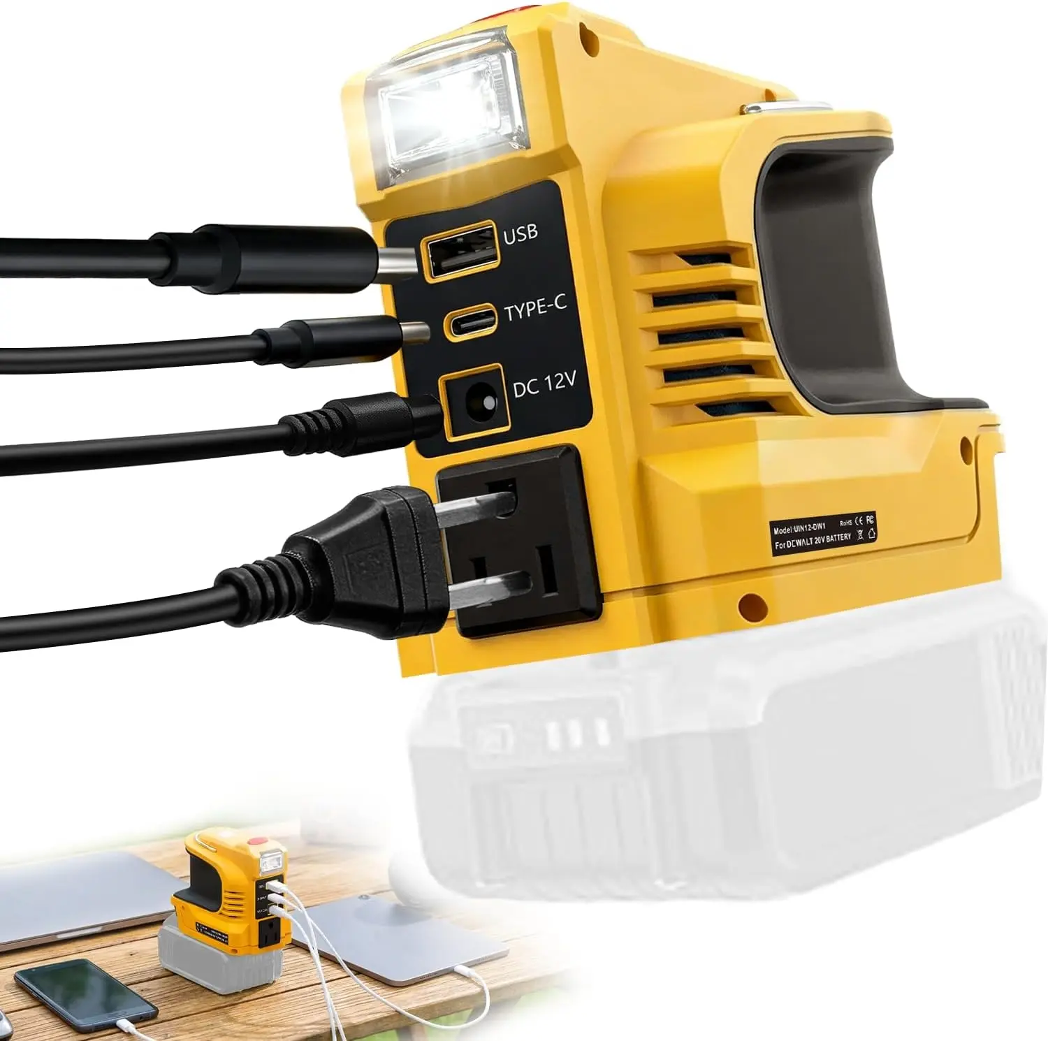 200W Portable Power Inverter Compatible with DeWalt 20V Battery (Battery Not Included) - Off Grid Inverter, 110V AC Outlet Converter with Type-C, DC 12V, 5V/2.4A USB Ports, Plug-and-Play Compact Adapters for Camping, Emergency (Battery Not Included)