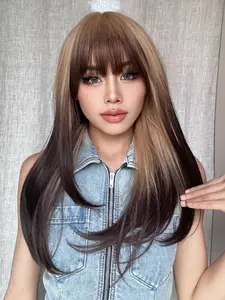 Brown Wigs for Women Brown Wig with Bangs 24‘’Ombre Brown Wig with Dark Roots Long Layered Wig Heat Resistant Synthetic Wig Natural Looking Wigs for Daily Party Use