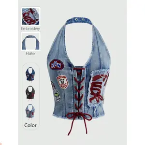 Women's Vintage Patch Drawstring Halter Light Wash Denim Waist Cincher Top, Sleeveless Slim Fit Y2K Street Style Pullover