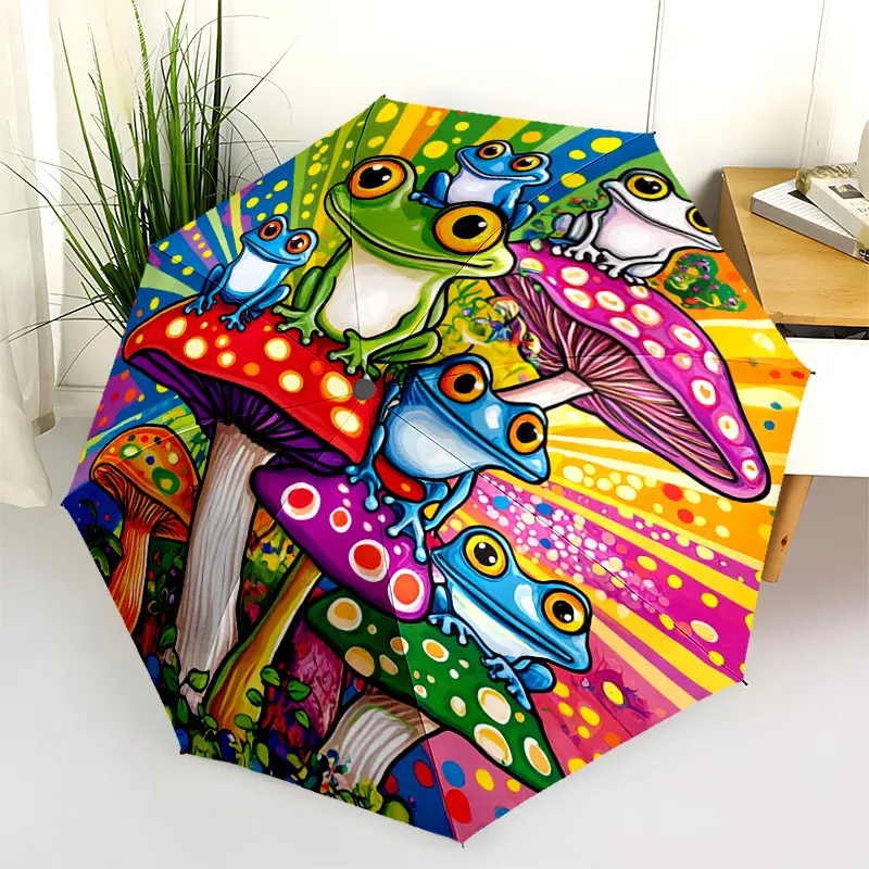 1 PC Automatic Folding Umbrella - Frogs on Mushrooms Artwork Pattern, Portable & Foldable Design with 8 Ribs, Merry Christmas Pattern,Casual Outdoor Accessory Halloween and Christmas Birthday Gifts. E0075