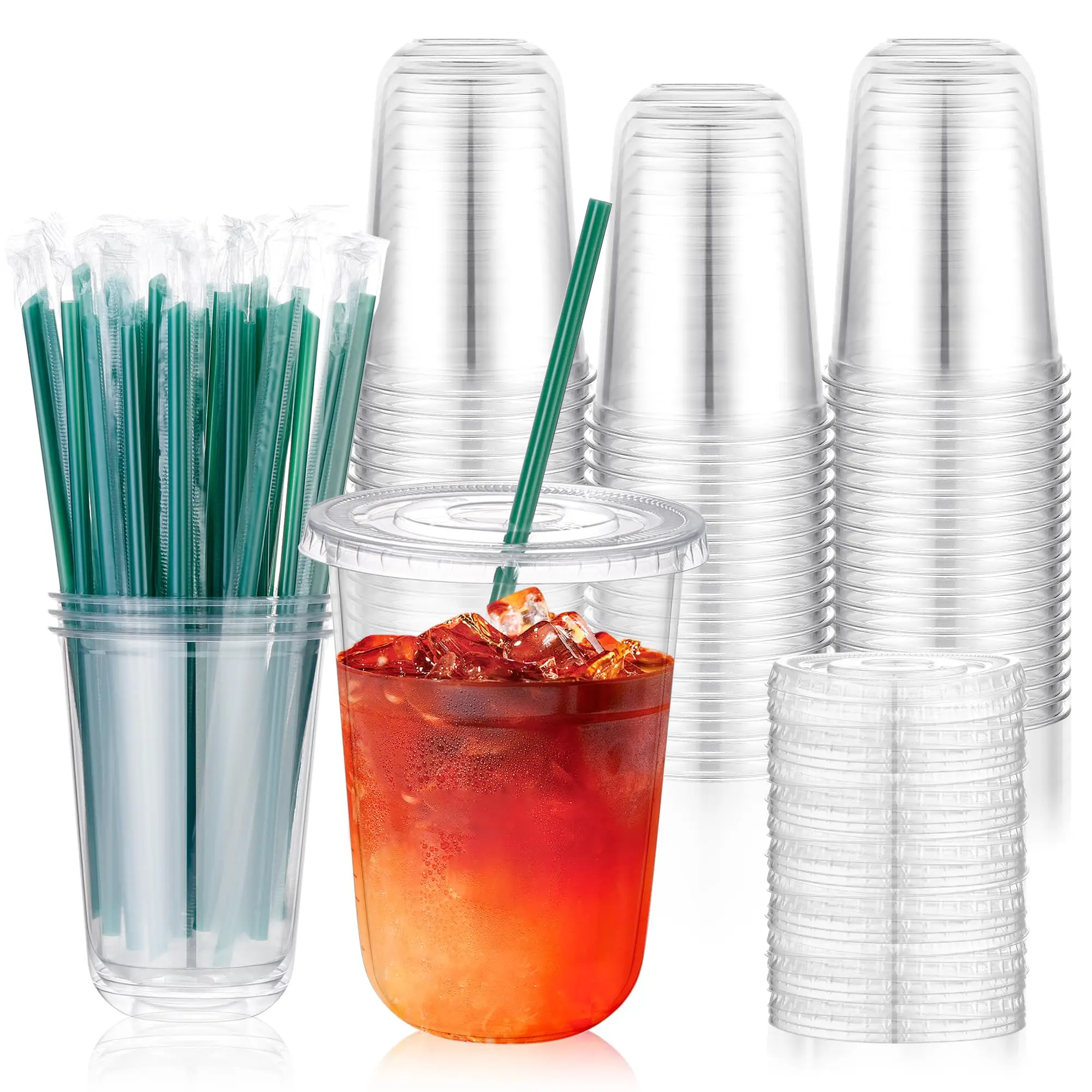 KesaPlan 50 Sets 16 oz Disposable Iced Coffee Cups with Lids and Straws,Clear Plastic Cups for Cold Drinks Juice Milkshakes Smoothies, Plastic To Go D