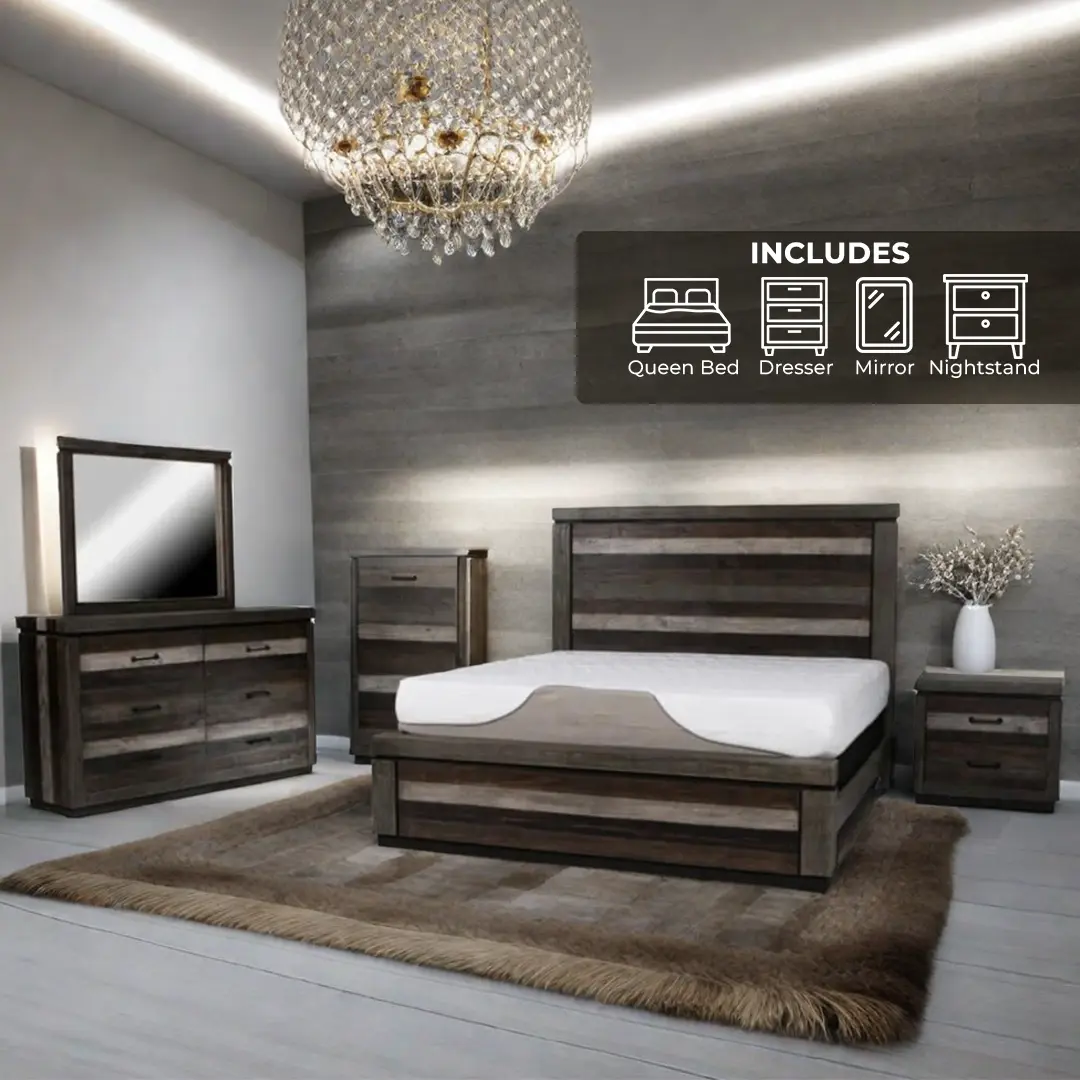 Regal Furniture Multicolor Elegance Modern 4-Piece Bedroom Set with FREE 10” Mattress Queen Bed Frame Dresser Mirror Nightstand