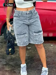 Women's High Waisted Acid Wash Denim Cargo Shorts, Oversized Baggy Knee-Length, Utility Pockets, Trendy Y2K Streetwear, Summer Fashion