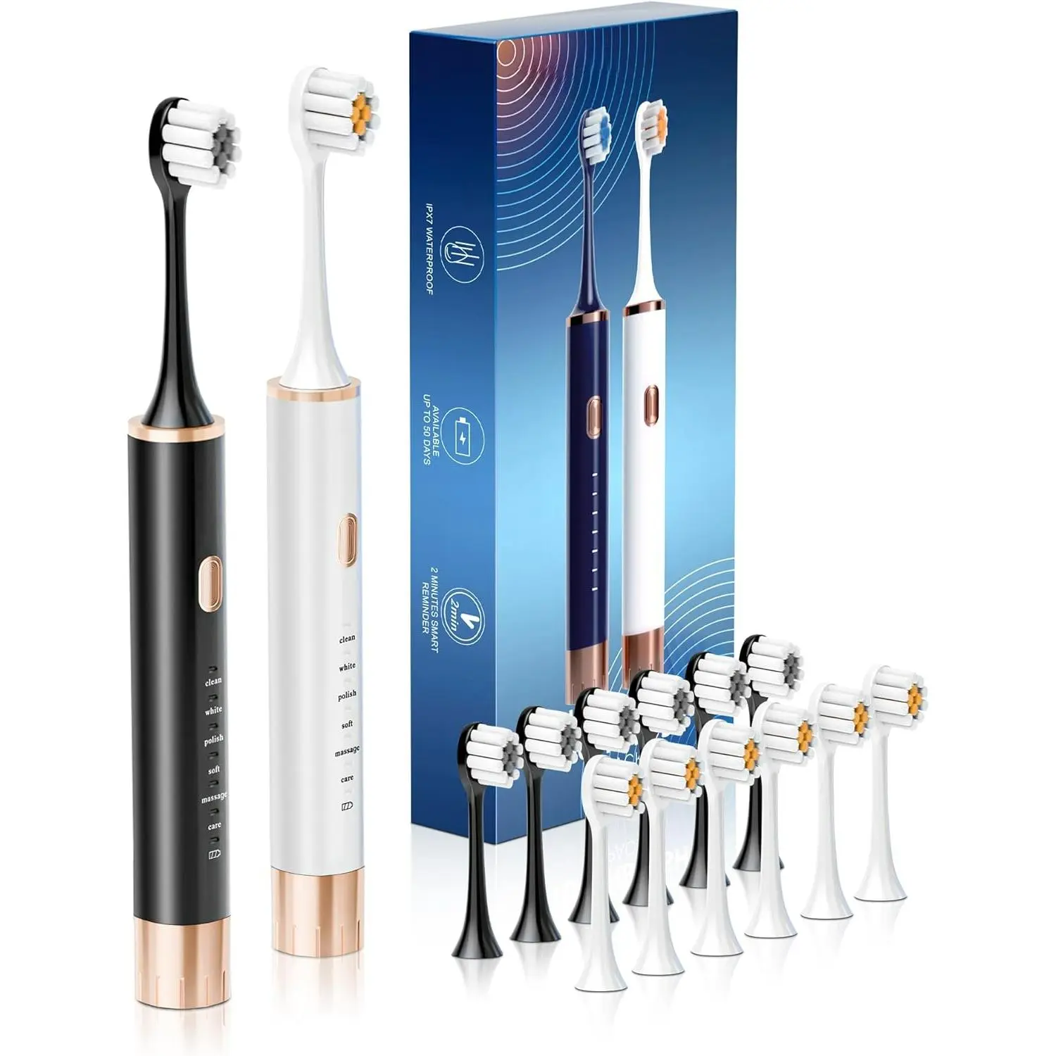 2-Pack Rechargeable Electric Toothbrushes for Adults, 12 Dupont Brushes, 6 Modes, 2-Min Smart Timer, Deep Clean, Gentle on Gums, IPX8 Water Resistant (Travel-Friendly)