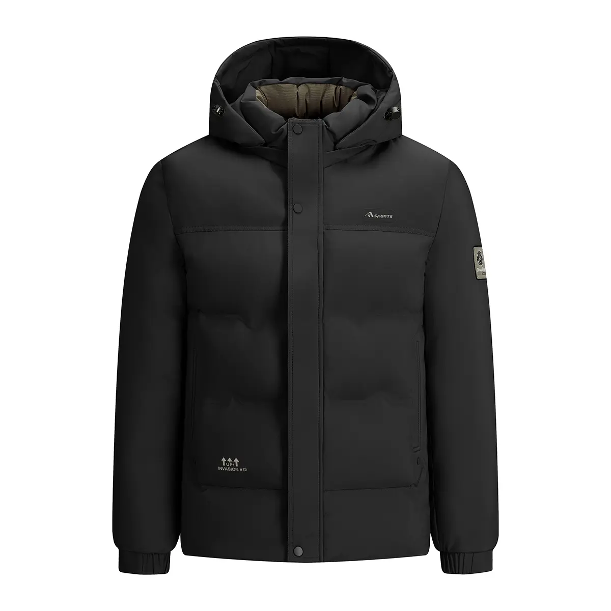 Men's Minimalist Hooded Quilted Parka Jacket, Solid Black Windproof & Warm Design, Foldable Menswear for Outdoor Trips, Casual