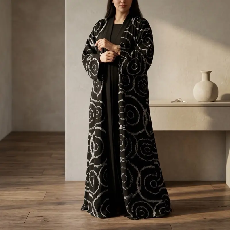 Dubai Abaya Black Embroidered Full Sleeve with Nida Inner & Chiffon Outer Matching Hijab