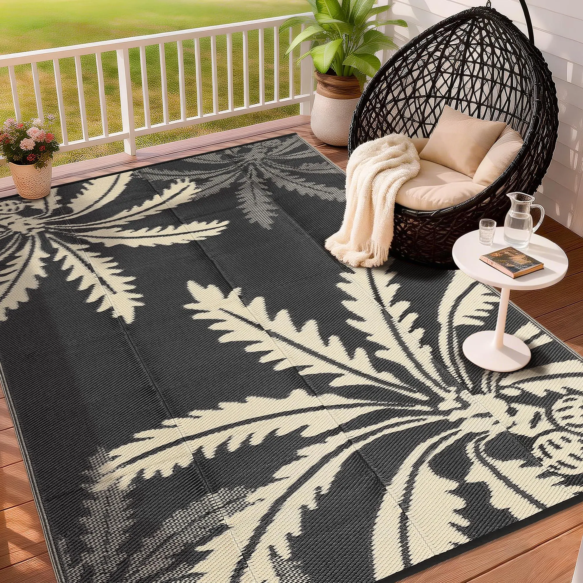 Waterproof Outdoor Rug 5x8, Reversible Modern Rug, Black & Brown | Large Plastic Straw Outdoor Mat for Patio Camping, RV, Porch, Backyard, Deck, Picnic, Beach