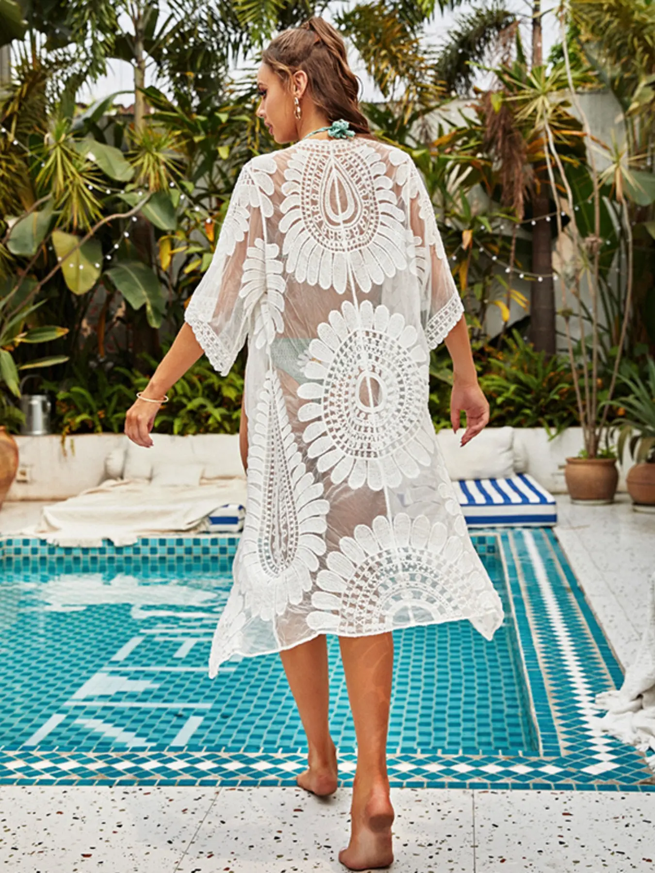 Sexy Solid Color Sunflower Lace Cardigan, Beach Vacation Bikini Cover-Up Dress, Fitted Plain Style, Perfect for Summer Holidays, Beachwear Cover Up, Summer Coverup, Swimsuit Coverups