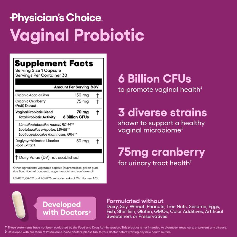 Physician's Choice Vaginal Probiotic - Odor Control, pH Balance & Daily Feminine Health Support with Cranberry and Prebiotics for Women