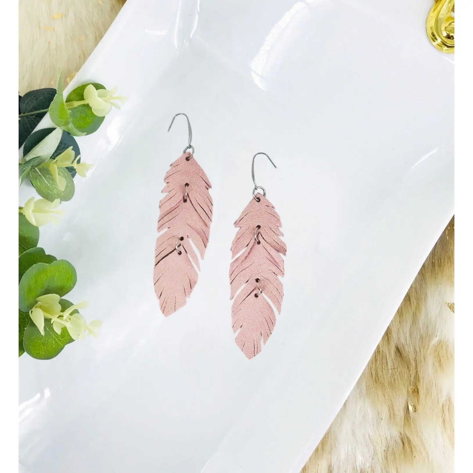 Pink Suede Feather Leather Earrings - E19-2694