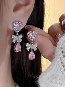 Lovely Pink Bow Earrings, Heart Shaped Earrings, Synthetic Zirconia Dangling Earring Jewelry Gift for Birthdays & Anniversaries Daily Accessories for Her, Artificial Zirconia Earrings, Fashion Jewelry Earrings