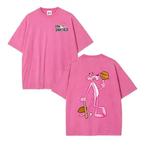 Retro Y2K Streetwear Style with Pink Panther & Baseball Print Washed T-Shirt Round Neck Short Sleeve Casual Summer Top Machine Washable Unisex Tee Men's & Women's 230GSM Heavyweight Cotton T-Shirt