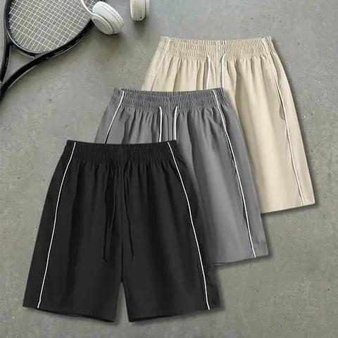 summervibes3-pack loose, versatile pieces featuring side pockets, elastic waistband design, striped color-block panels; suitable for outdoor leisure travel and everyday wear.