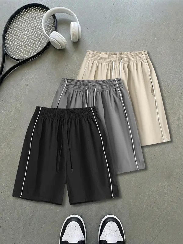 summervibes3-pack loose, versatile pieces featuring side pockets, elastic waistband design, striped color-block panels; suitable for outdoor leisure travel and everyday wear.